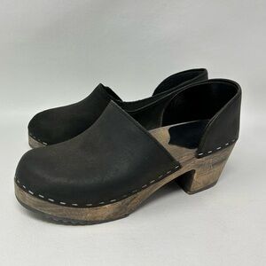 Sangrens Creatures Of Comfort Black Leather Wooden Clogs Made In Sweden